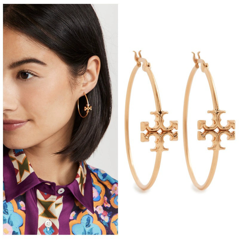 Tory Burch Vintage Gold Basic Logo Hoop Earrings Large